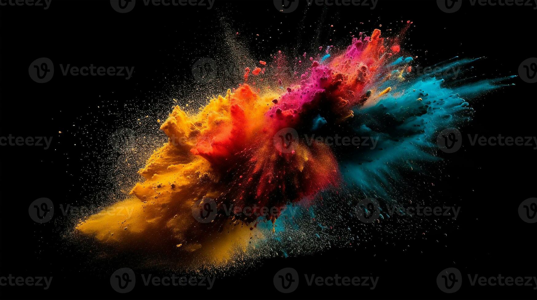 ai generato colorato polvere esplosione nel il CMYK colori nel davanti di nero sfondo foto