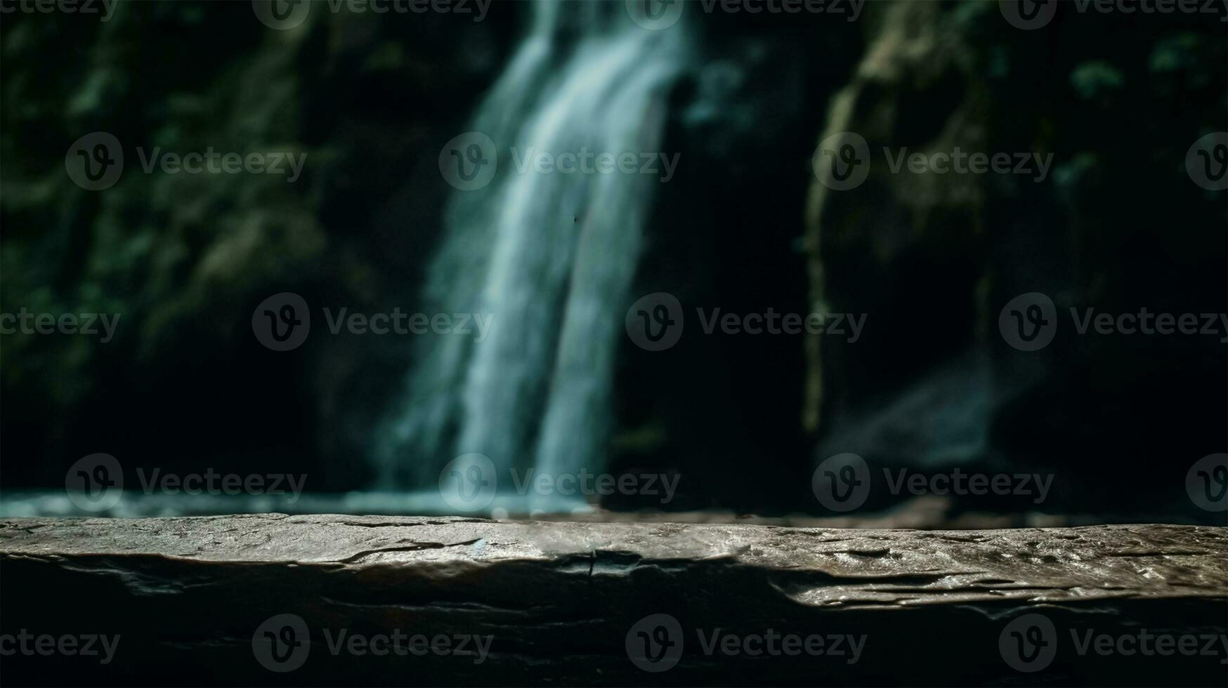 ai generato Aperto spazio fatto di pietra su un' ruscello con cascata per Prodotto presentazione e pubblicità foto