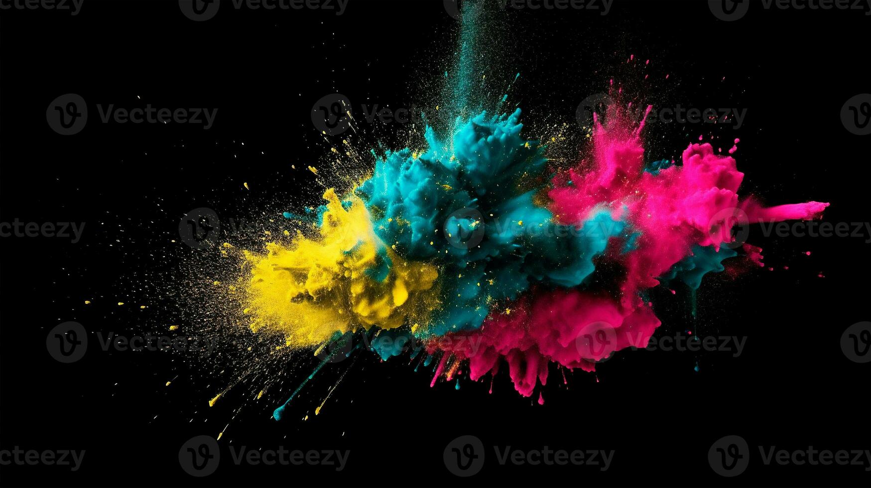 ai generato colorato polvere esplosione nel il CMYK colori nel davanti di nero sfondo foto