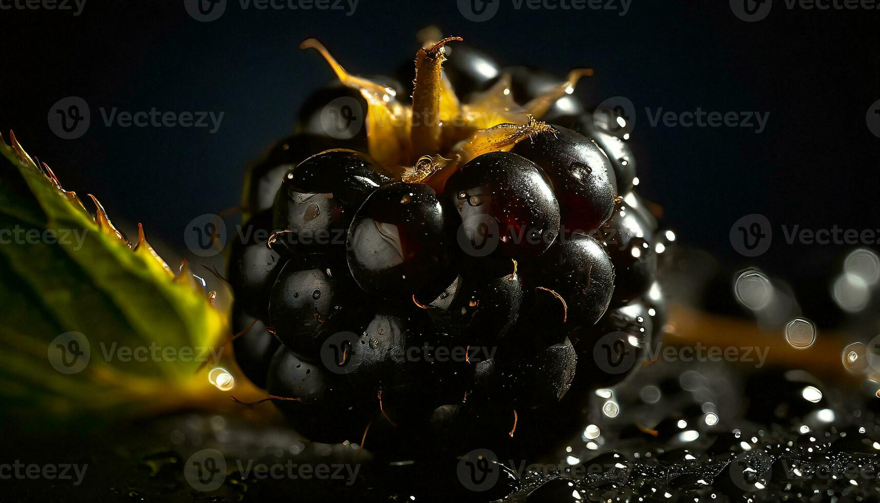 ai generato avvicinamento di un' fruttato mora con gocce di acqua foto