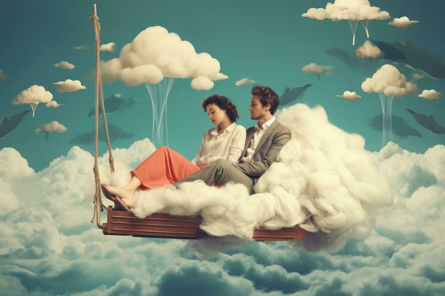 ai generato giovane coppia nel amore seduta su un' swing alto nel il cielo con nuvole, un' coppia sognare insieme, raffigurato come galleggiante su nuvole, ai generato foto