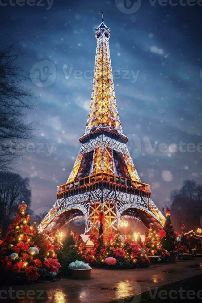 ai generato Natale albero decorato con illuminazione vicino il eiffel Torre nel Parigi foto