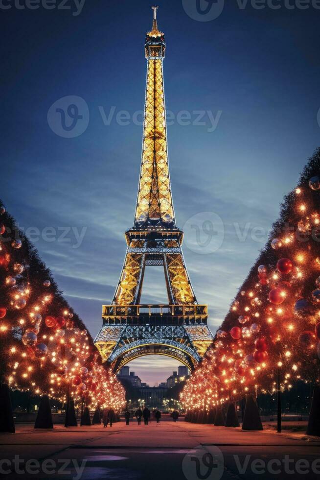 ai generato Natale albero decorato con illuminazione vicino il eiffel Torre nel Parigi foto