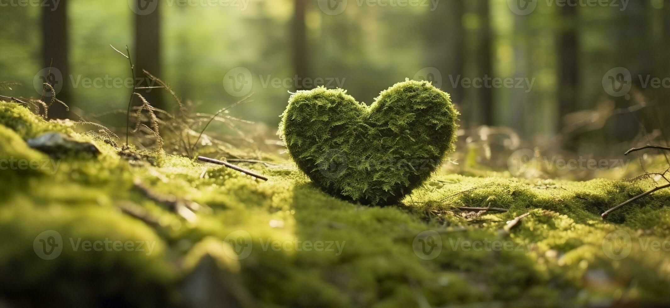 ai generato avvicinamento di di legno cuore su muschio. naturale sepoltura tomba nel il boschi. foto