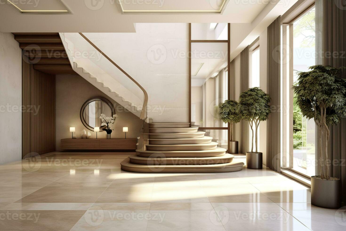 ai generato il interno design di il moderno Ingresso sala con un' scala nel il villa. ai generato foto
