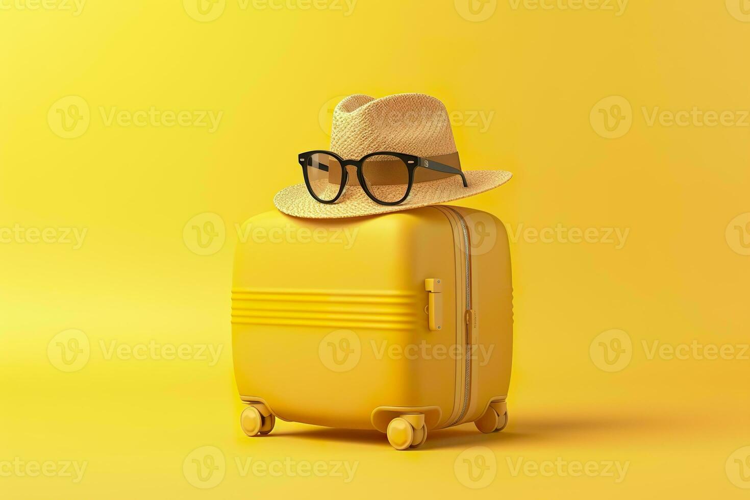 ai generato giallo valigia con sole bicchieri e cappello su giallo sfondo. viaggio concetto. generativo ai foto