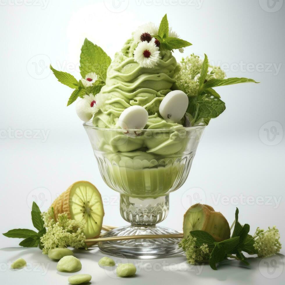 ai generato matcha ghiaccio crema dolce su bianca sfondo. ai generato foto