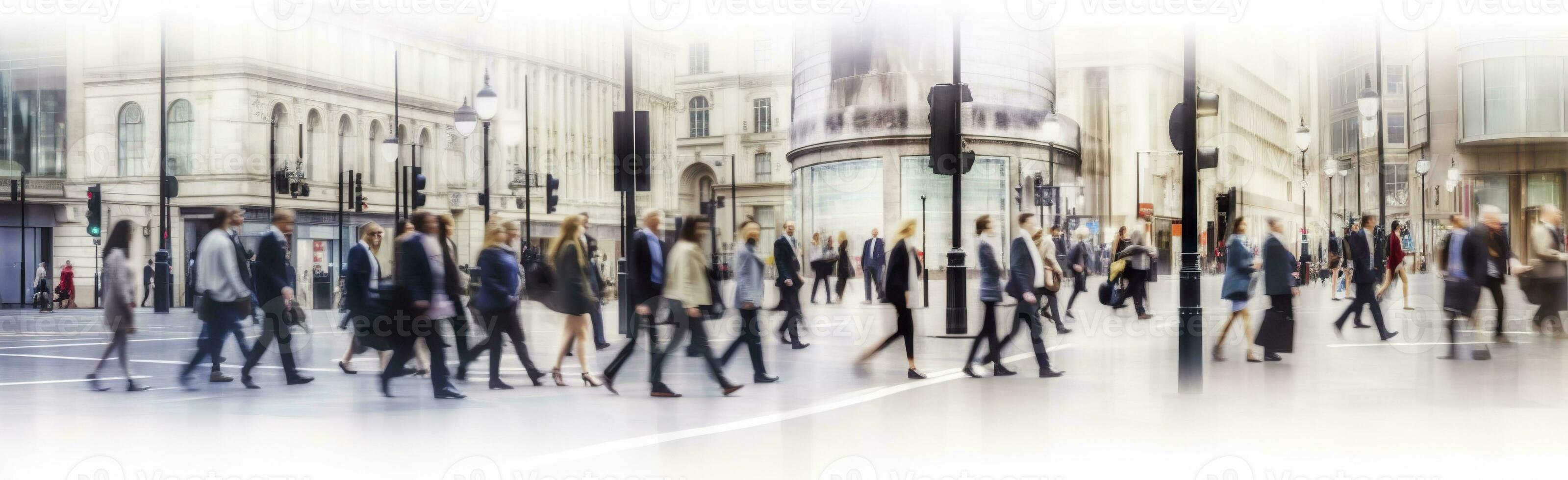 ai generato a piedi persone sfocatura. molte di persone camminare nel il città di Londra. largo panoramico Visualizza di persone attraversamento il strada. ai generato foto