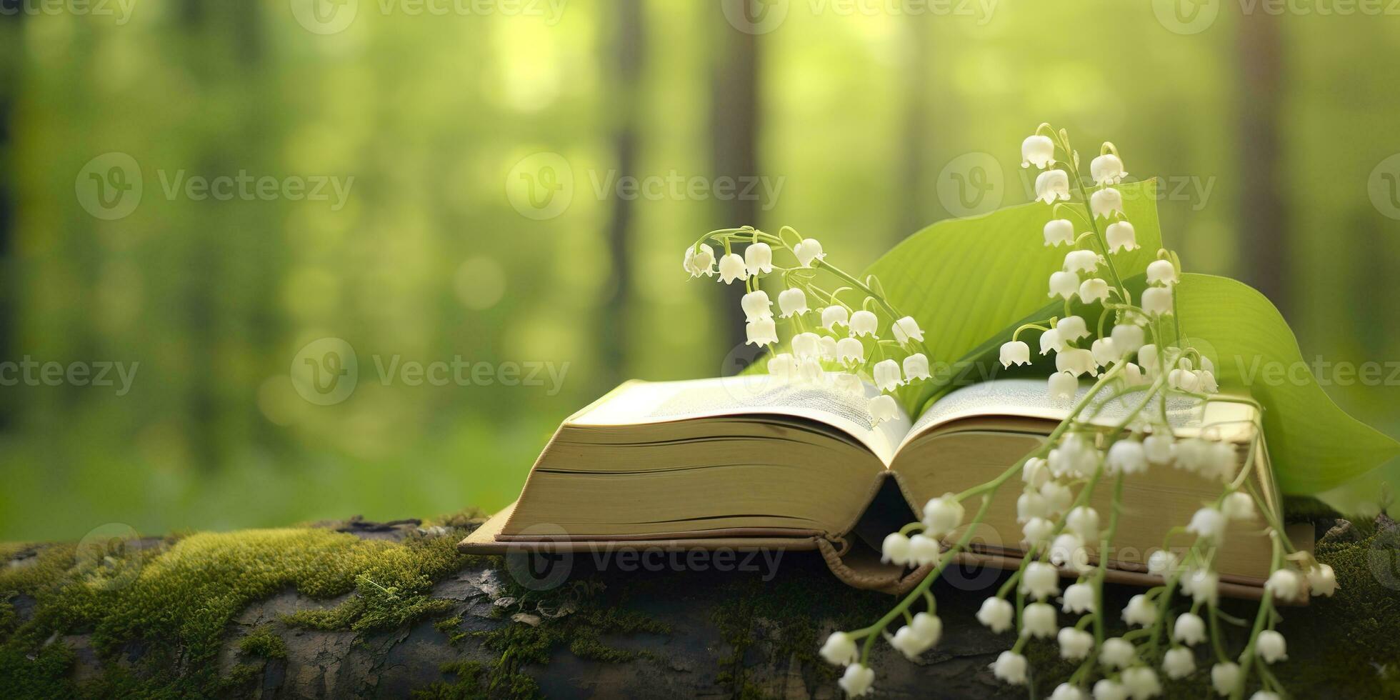 ai generato giglio di il valle fiori e vecchio libri nel il foresta, verde naturale sfondo. ai generato foto