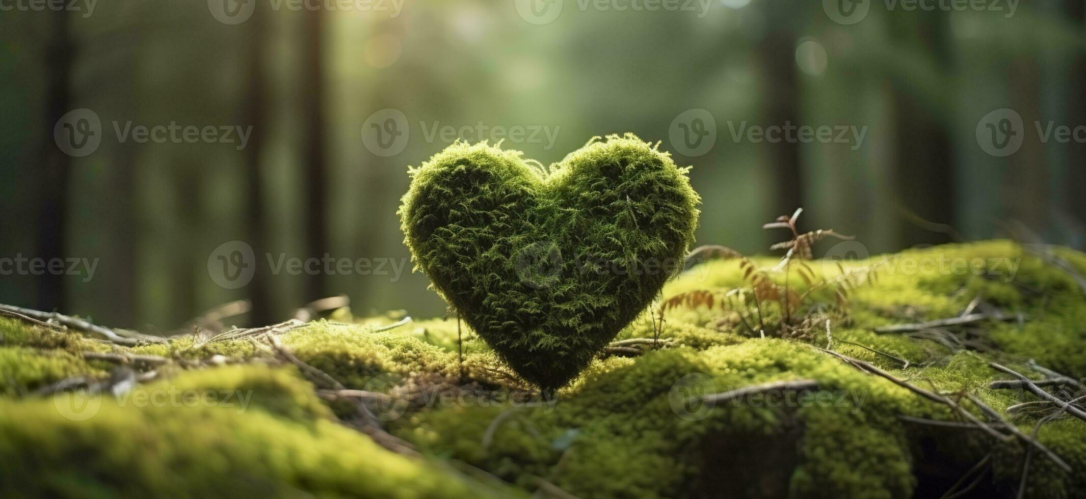 ai generato avvicinamento di di legno cuore su muschio. naturale sepoltura tomba nel il boschi. generativo ai foto