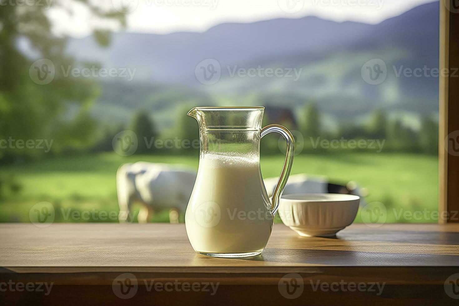 ai generato bicchiere brocca con fresco latte su un' di legno tavolo. ai generato foto