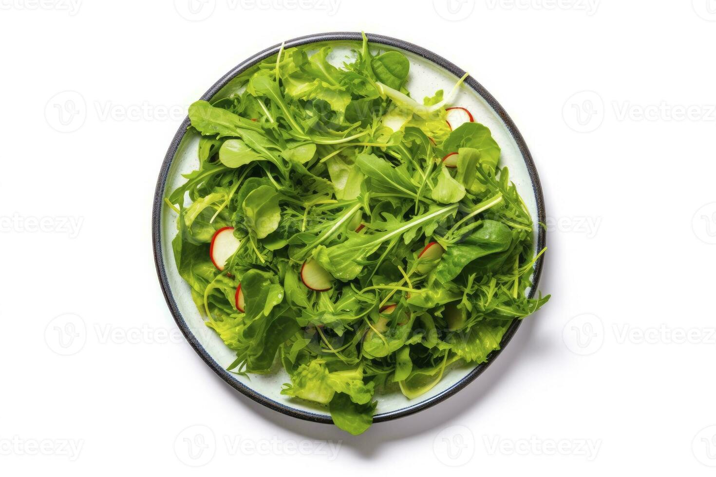 ai generato salutare fresco verde insalata piatto tiro a partire dal sopra su bianca sfondo. ai generato foto