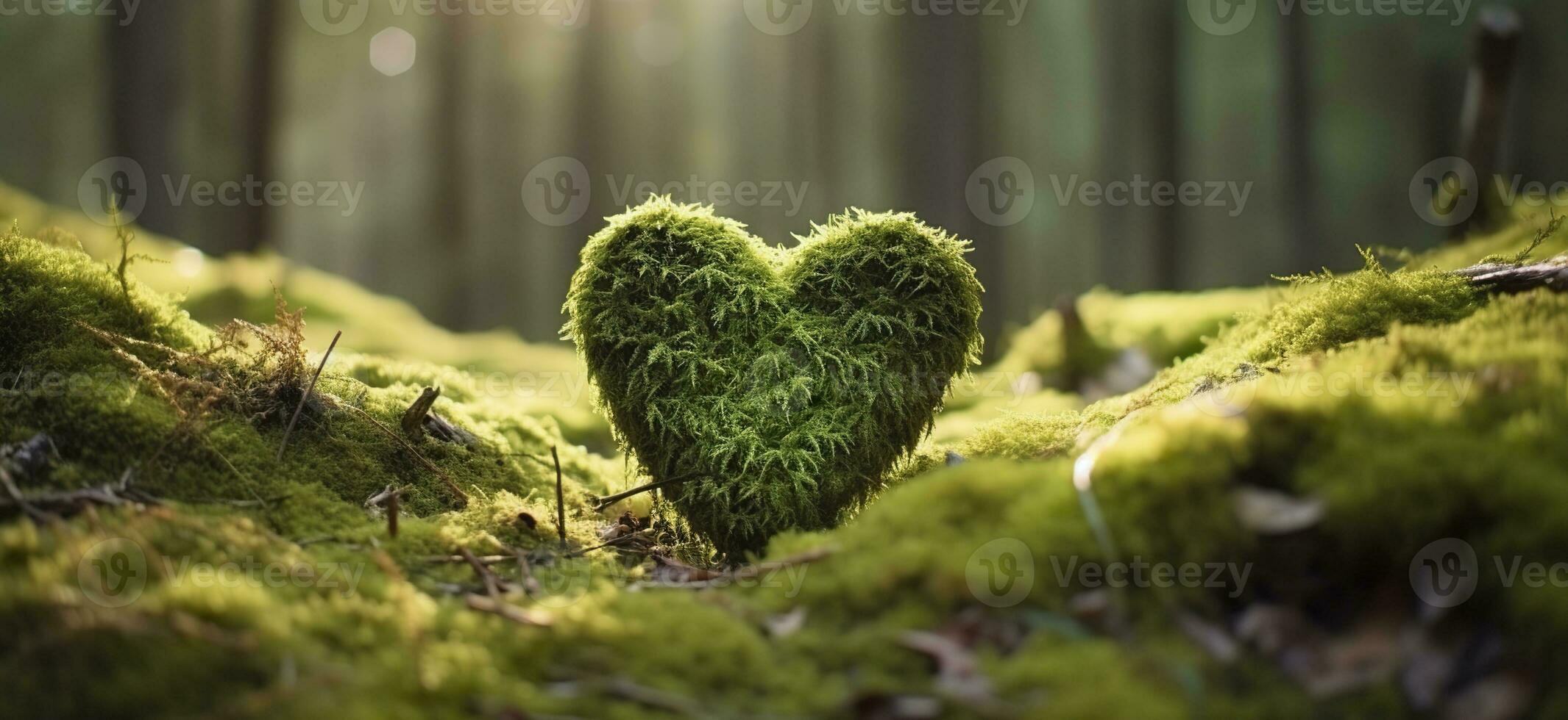 ai generato avvicinamento di di legno cuore su muschio. naturale sepoltura tomba nel il boschi. generativo ai foto