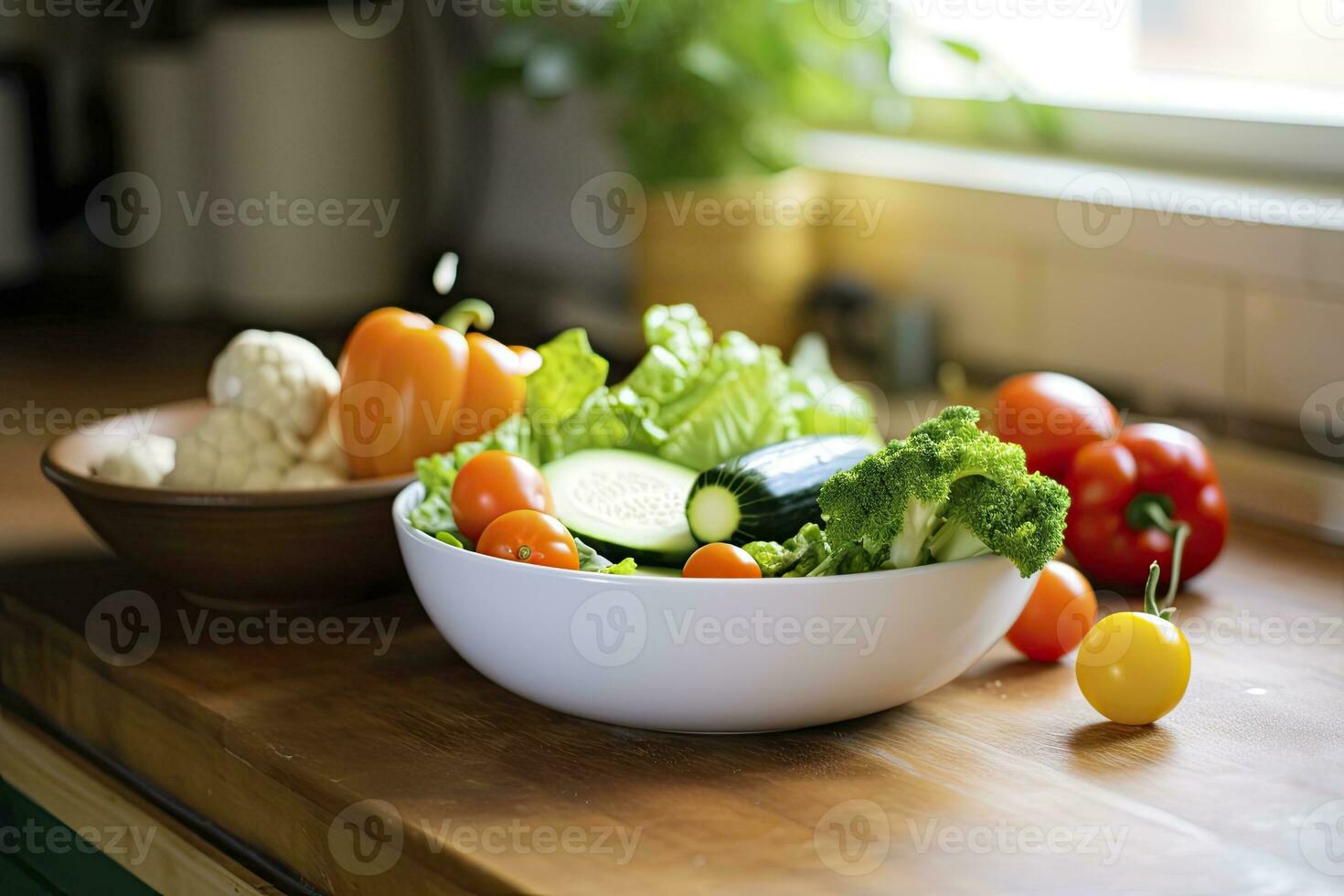 ai generato cucina ancora vita con bianca ciotola di lavato verdure su di legno scrivania. ai generato foto