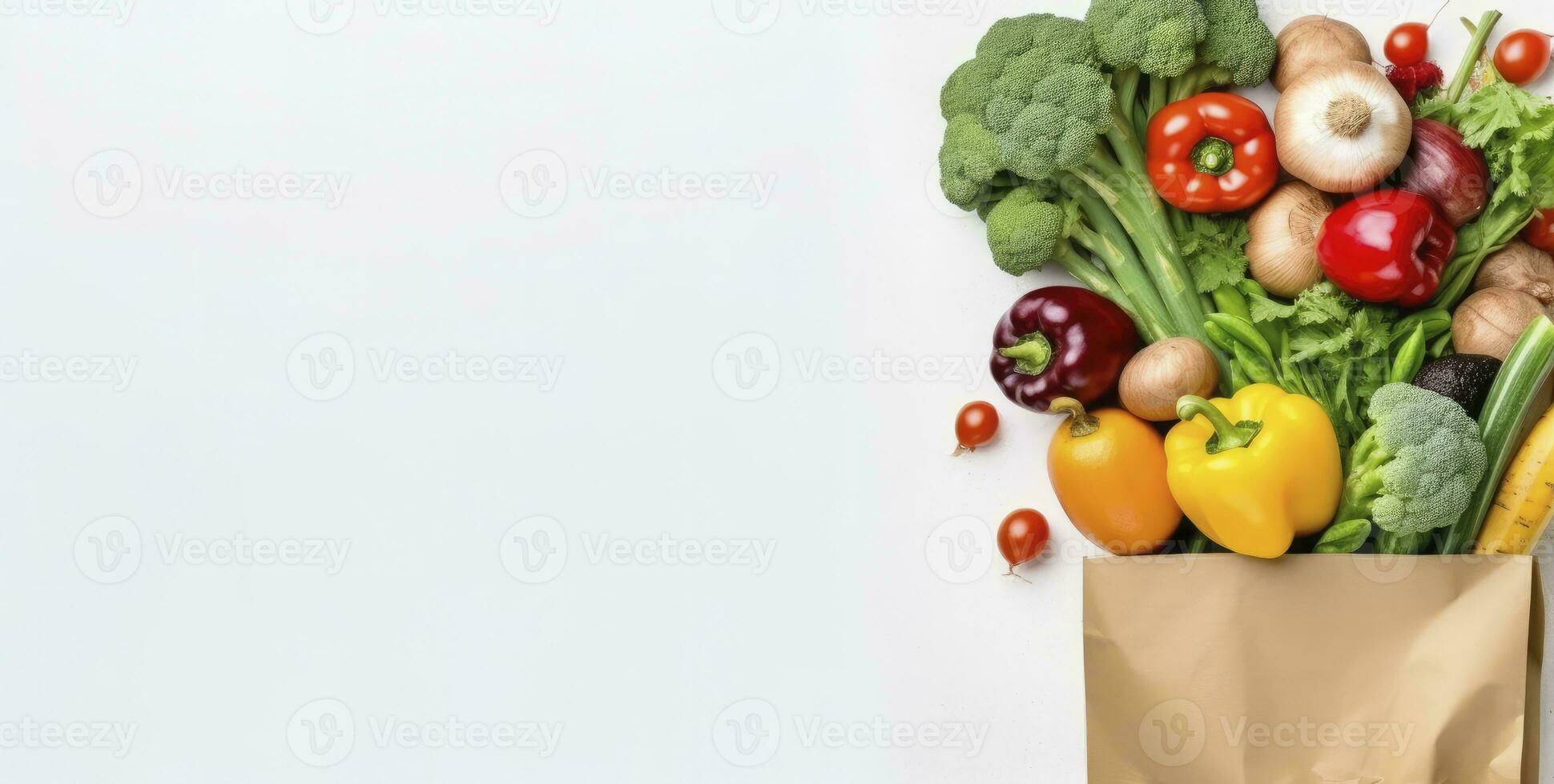 ai generato salutare cibo nel carta Borsa verdure e frutta su bianca sfondo. ai generato foto