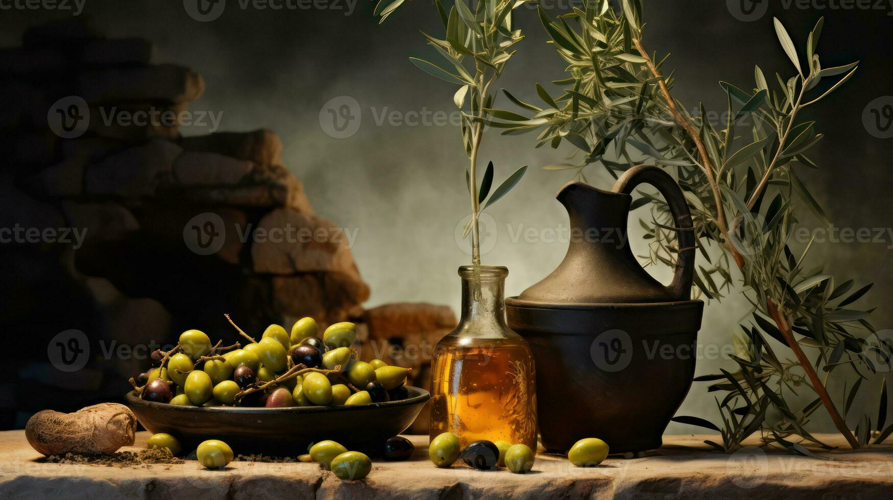 ai generato olive e oliva olio su rurale rustico sfondo. generativo ai foto