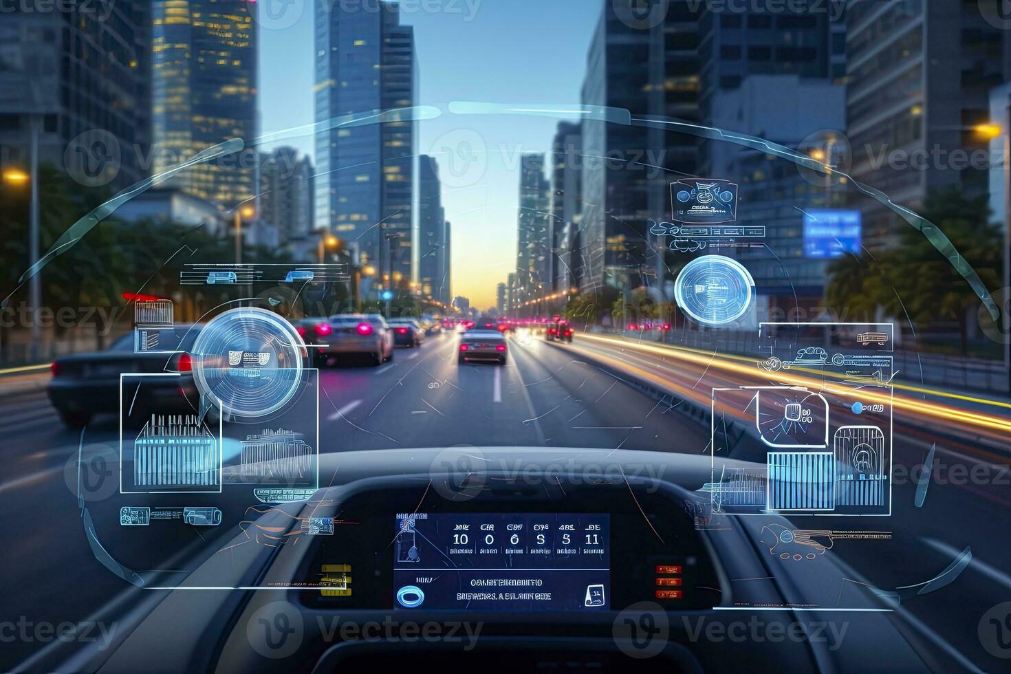 ai generato moderno inteligente auto tecnologia intelligente sistema utilizzando teste su Schermo hud autonomo se stesso guida modalità veicolo su città strada con grafico sensore radar segnale sistema intelligente macchina. foto