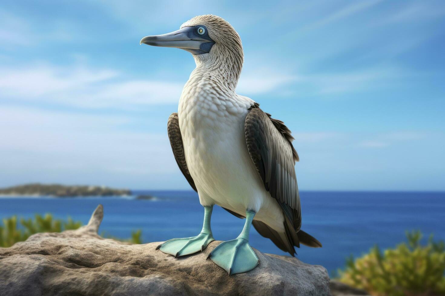 ai generato il raro dai piedi azzurri tonto riposa su il spiaggia. ai generato foto