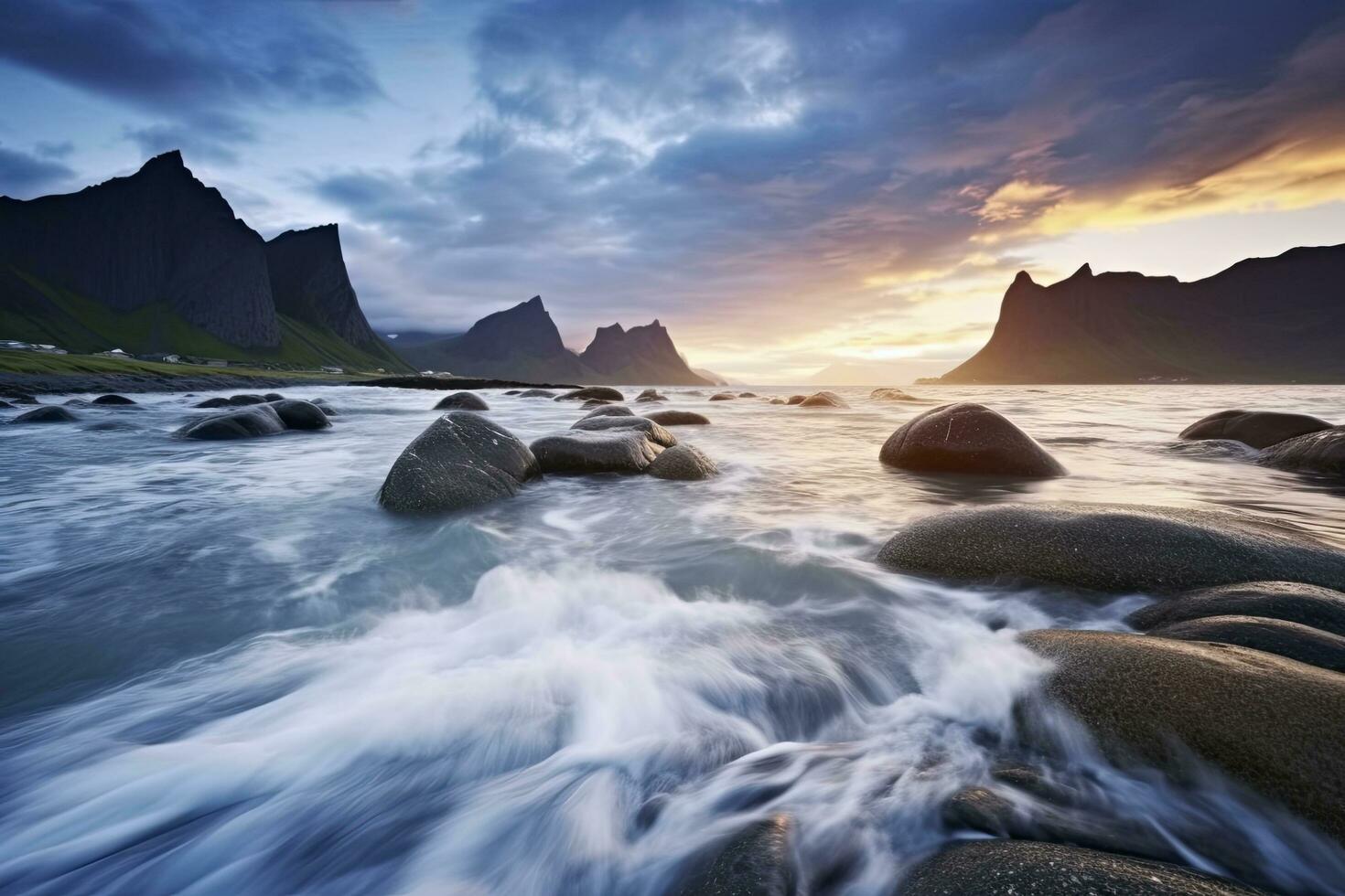 ai generato uttakleiv spiaggia, con drammatico montagne e picchi, Aperto mare e riparato baie, spiagge e intatto terre. ai generato foto