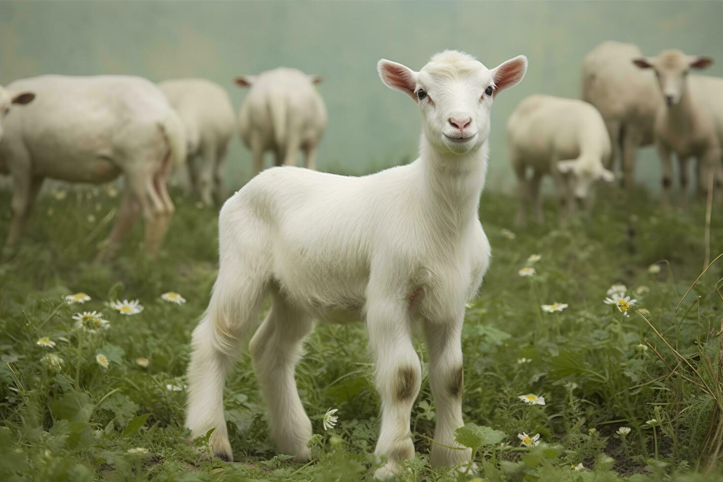 ai generato bianca agnello nel un' campo nel davanti di altro animali. generativo ai foto