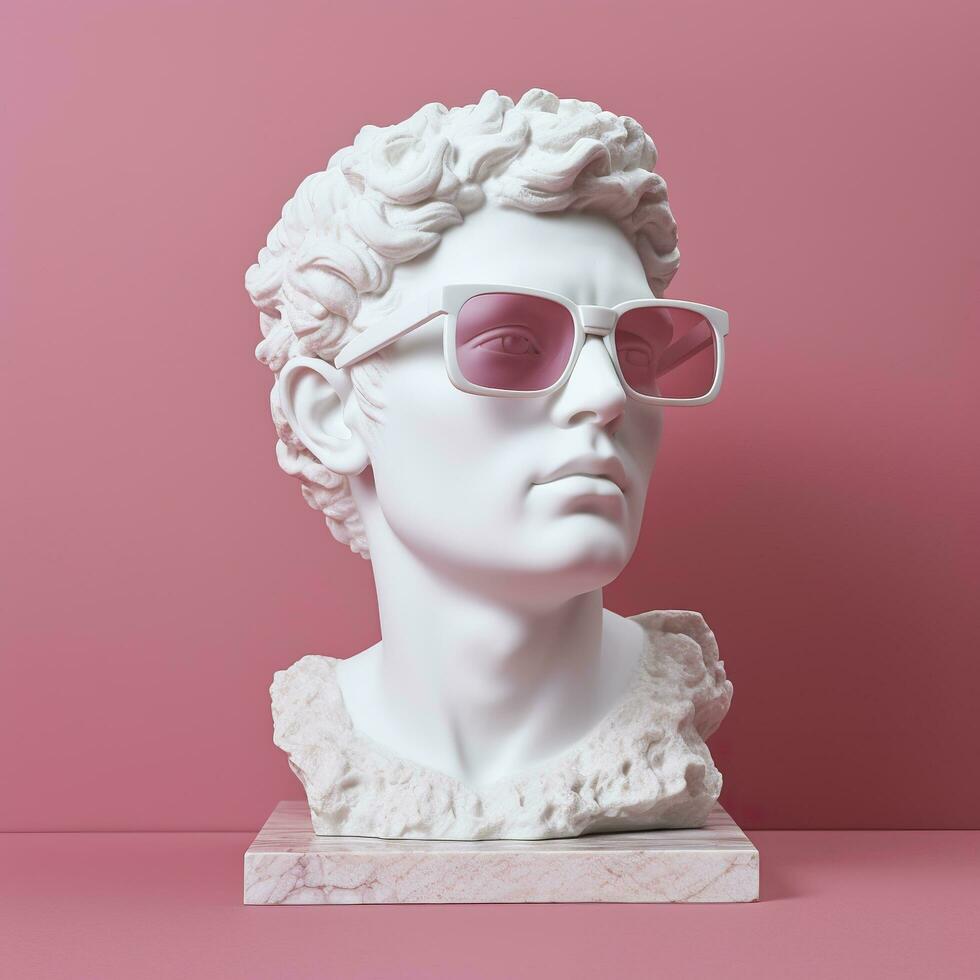 ai generato il testa di un' bianca mitologico statua con alla moda rosa bicchieri su il suo occhi, telaio nel profilo. ai generativo foto