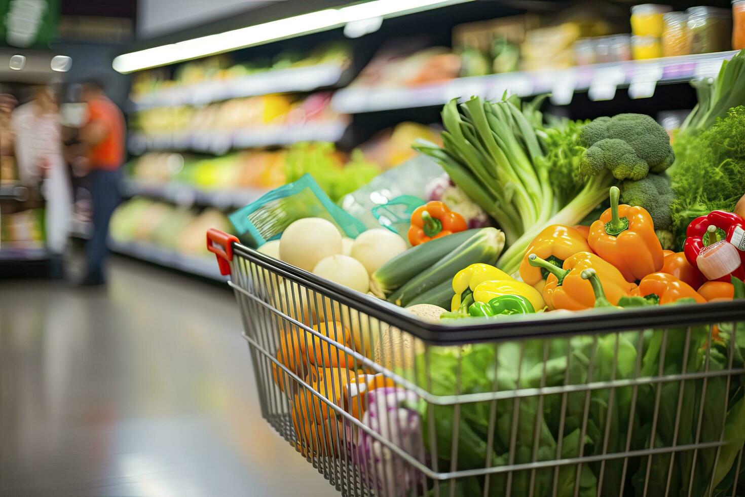 ai generato vicino su di pieno shopping carrello nel drogheria negozio. ai generato foto