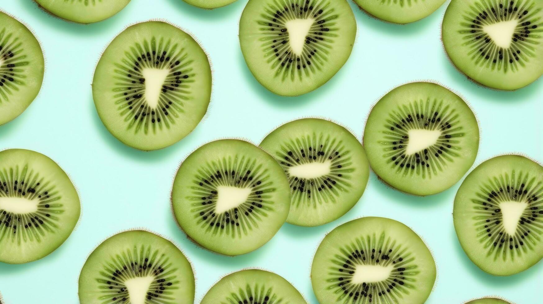 ai generato fette di Kiwi frutta e verde menta le foglie su un' leggero pastello blu sfondo. ai generato foto