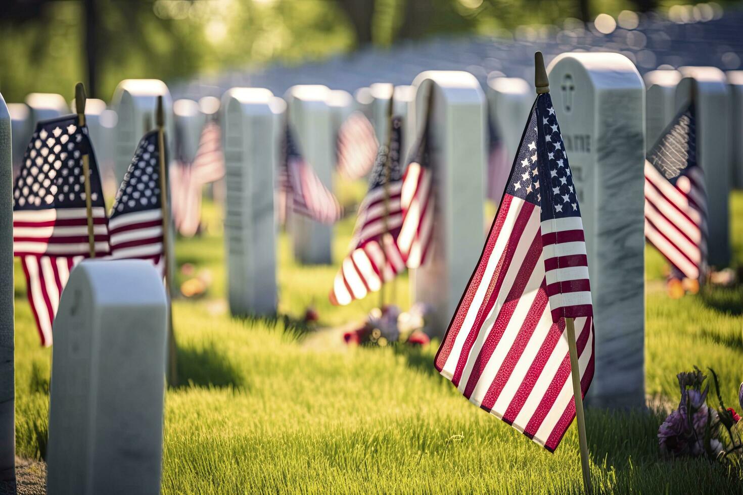 ai generato militare lapidi e lapidi decorato con bandiere per memoriale giorno. ai generato foto