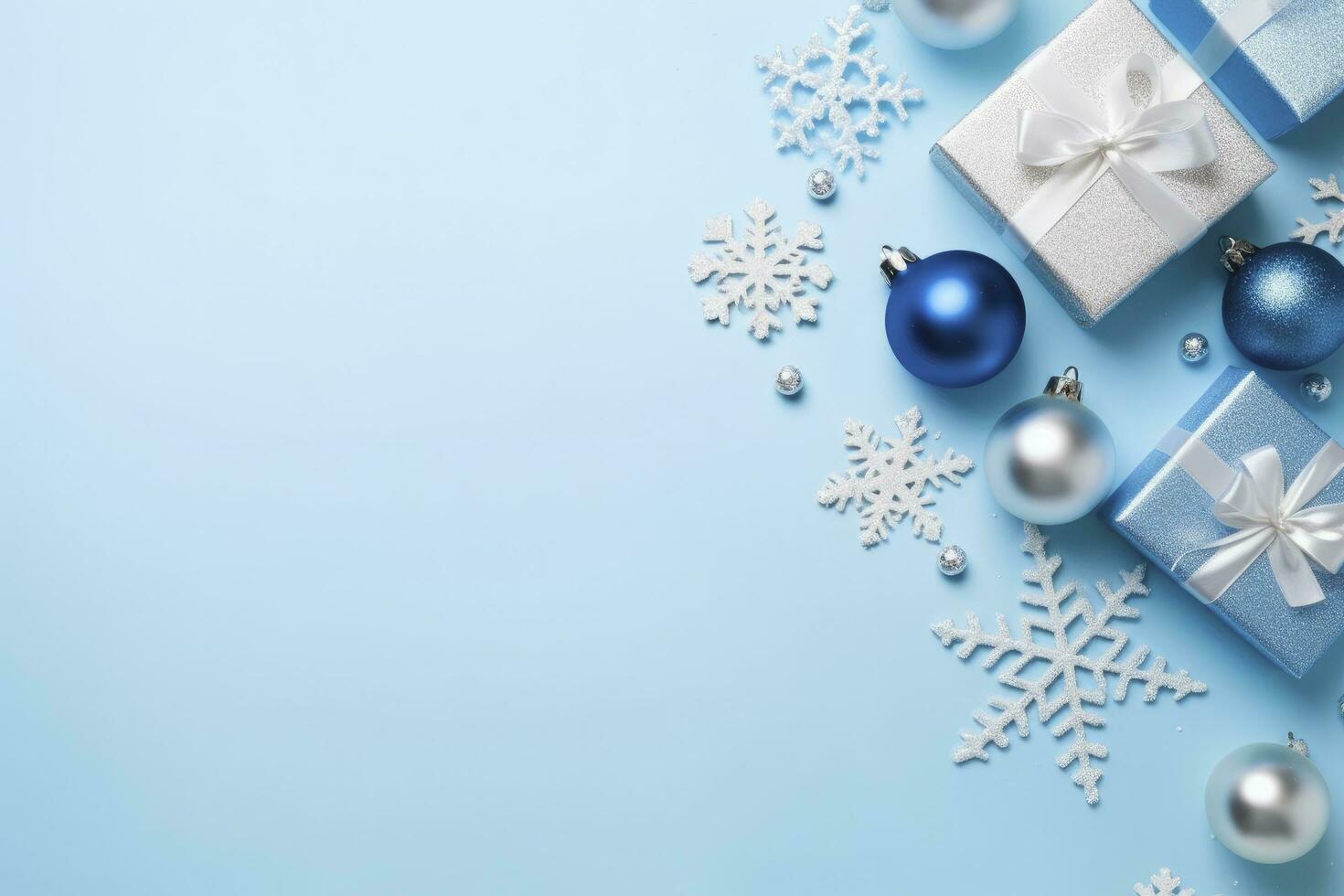 ai generato Natale vigilia concetto. superiore Visualizza foto di blu e argento palline fiocco di neve ornamenti elegante presente scatole e coriandoli. ai generato