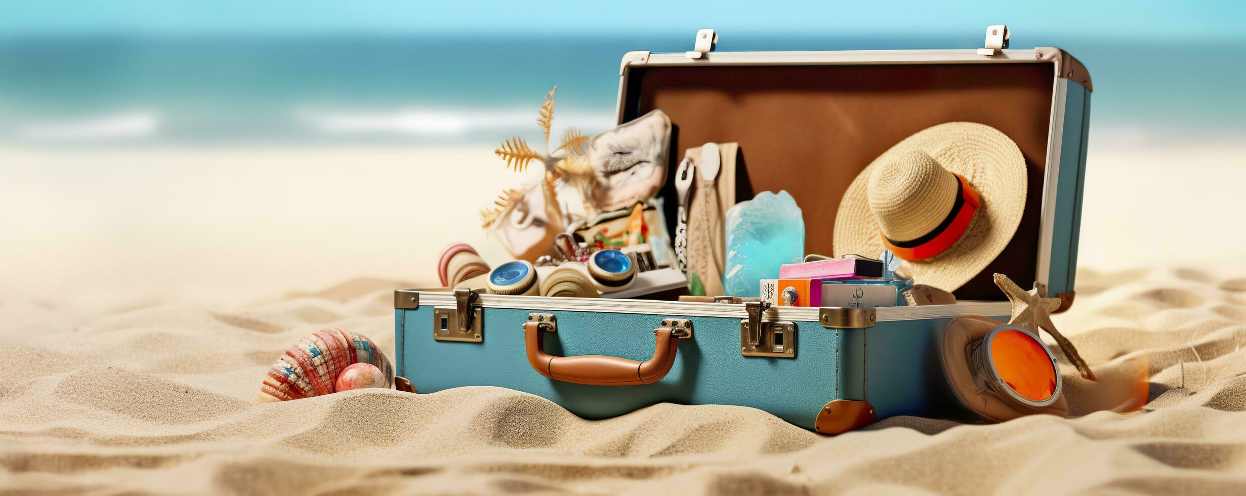ai generato spiaggia preparazione, Accessori nel valigia su sabbia. generativo ai foto