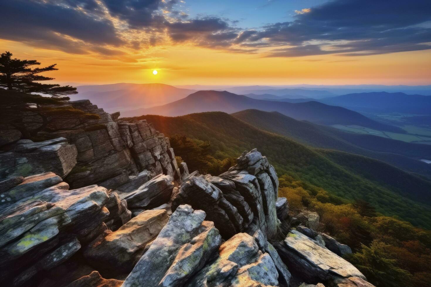 ai generato tramonto su pietroso uomo montagna. ai generato foto