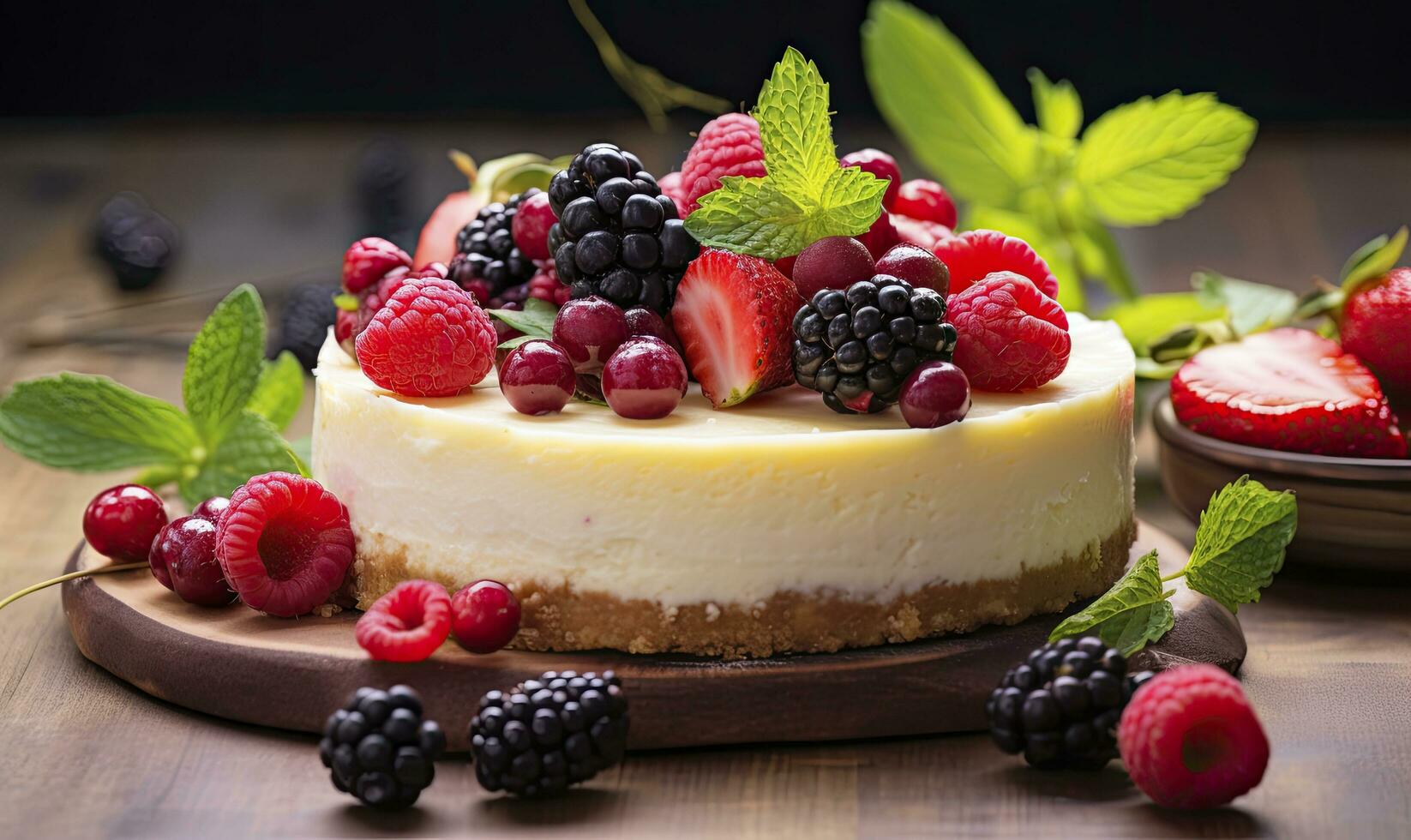 ai generato Limone torta di formaggio con fresco frutti di bosco. ai generato foto