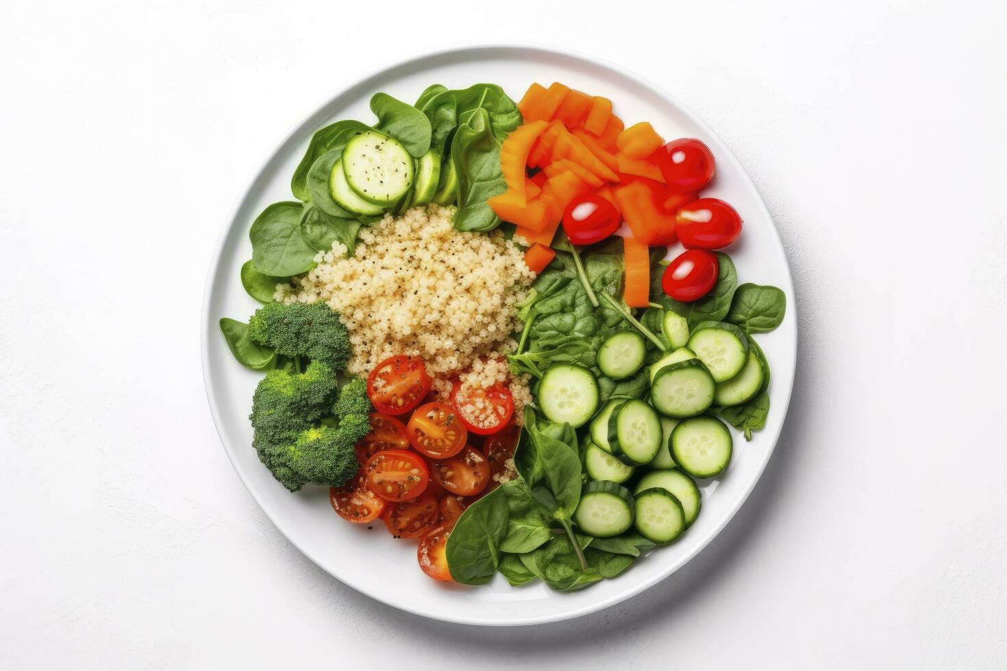 ai generato insalata con quinoa, spinaci, broccoli, pomodori, cetrioli e carote. ai generato foto