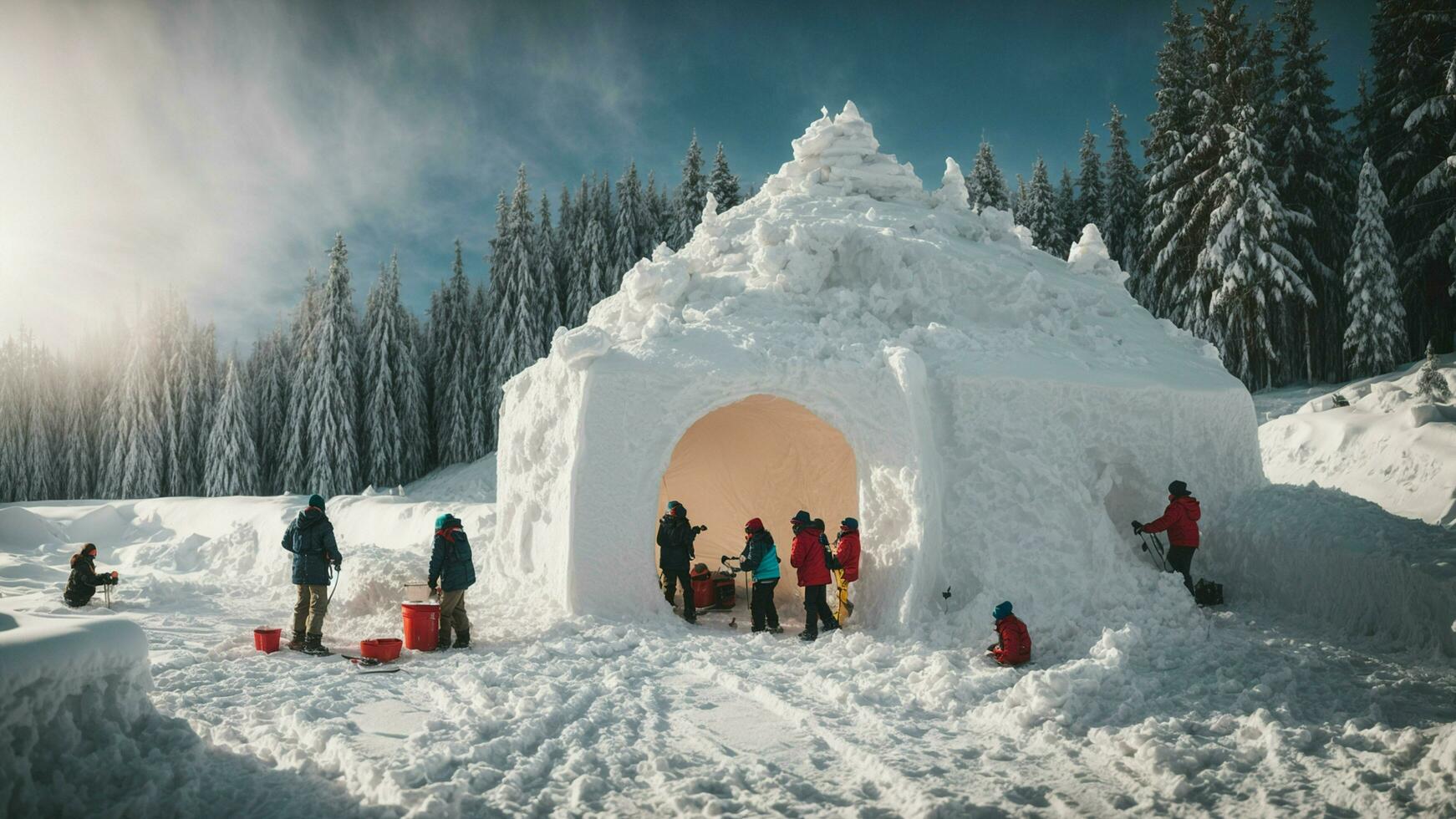 ai generato Scrivi un' corto storia di un' gruppo di amici edificio il finale neve forte nel il cuore di un' inverno Paese delle meraviglie foto