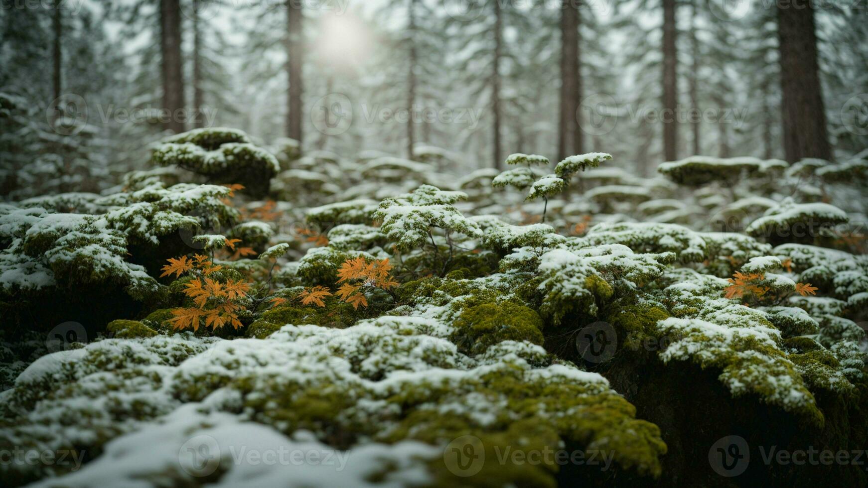 ai generato descrivere il textures e colori di ricoperto di licheni rami nel un' innevato boreale foresta. foto