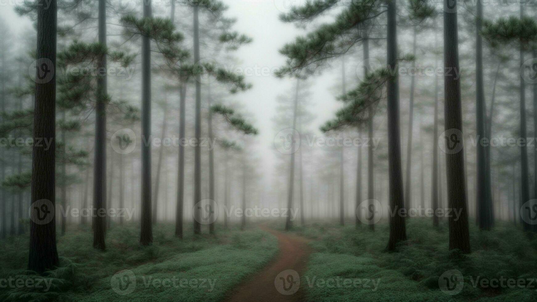ai generato Esplorare il inquietante bellezza di un' nebbioso inverno mattina nel un' pino foresta, con alberi avvolto nel nebbia. foto