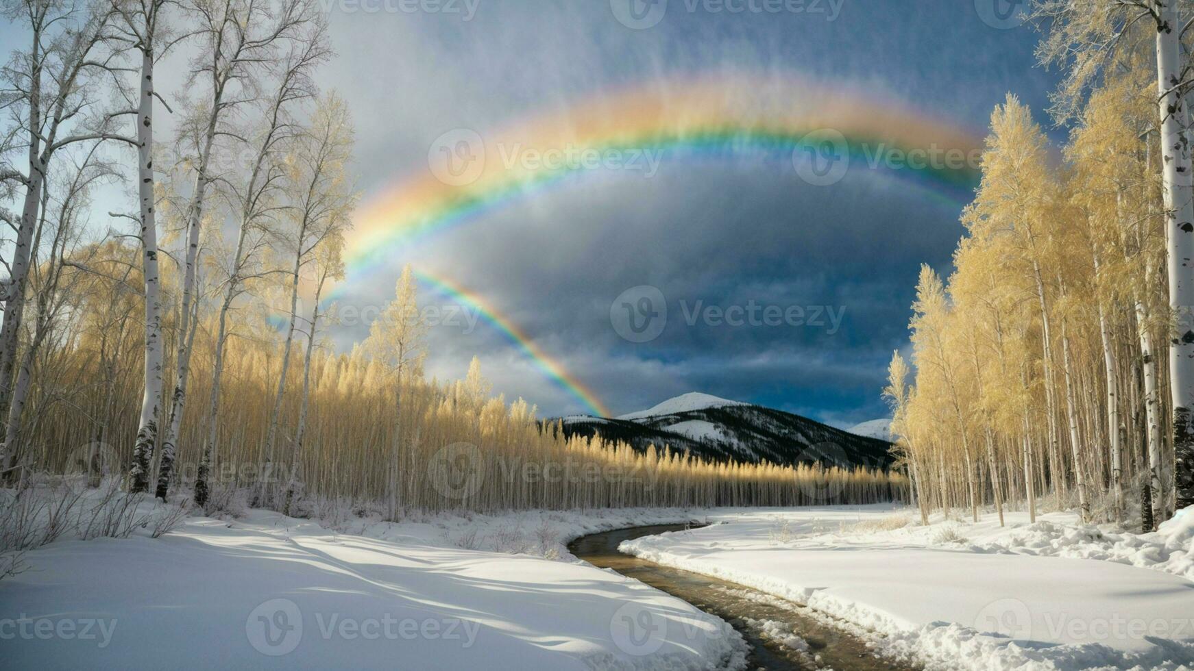 ai generato Scrivi di il raro occorrenza di un' inverno arcobaleno inarcando al di sopra di un' boschetto di carico di neve pioppo tremolo alberi. foto