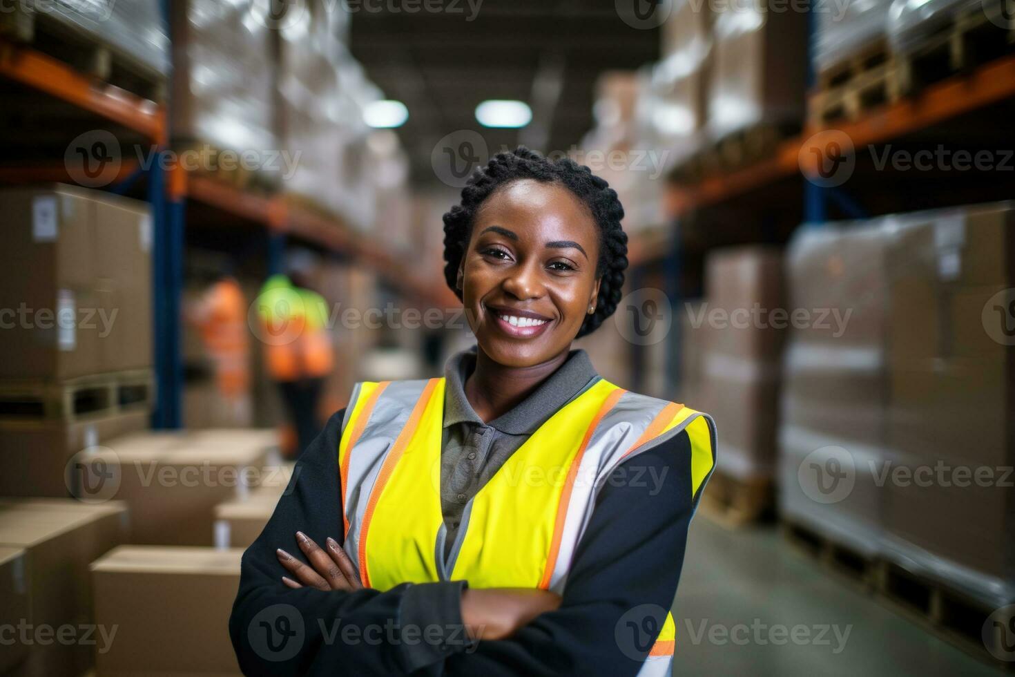 ai generato ritratto di sorridente africano americano femmina magazzino lavoratore in piedi nel magazzino con colleghi nel sfondo foto