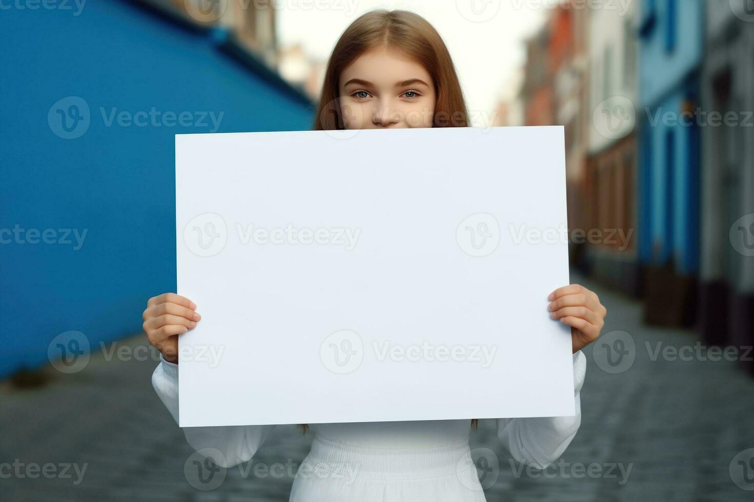 ai generato carino poco ragazza Tenere vuoto bianca foglio di carta nel sua mani foto