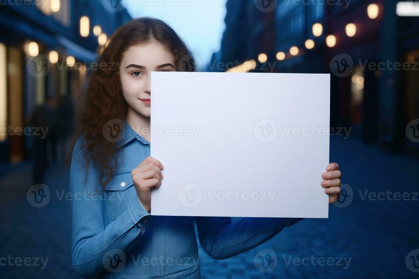 ai generato carino poco ragazza Tenere vuoto bianca foglio di carta nel sua mani foto