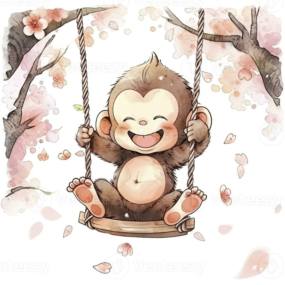 ai generato carino contento bambino scimmia su altalene su un' albero nel acquerello. ai generato foto