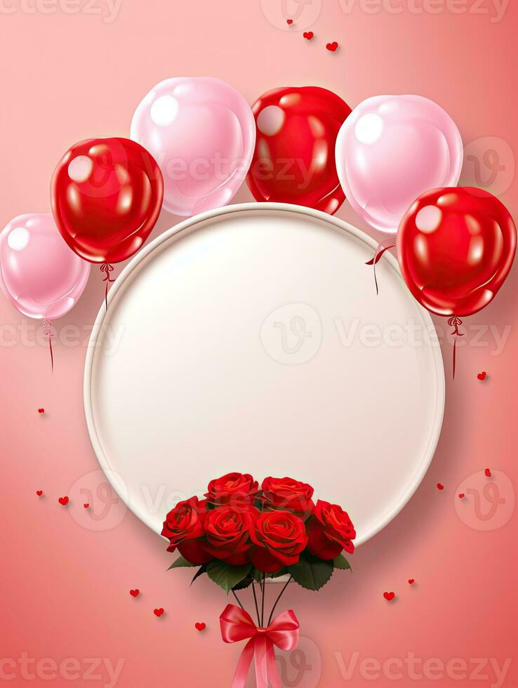 ai generato cerchio arrotondato con Palloncino e rosa fiore ai generativo foto