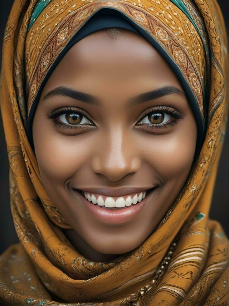 ai generato bellissimo musulmano donna sorridente e ridendo indossare un' hijab e decorato scialle foto