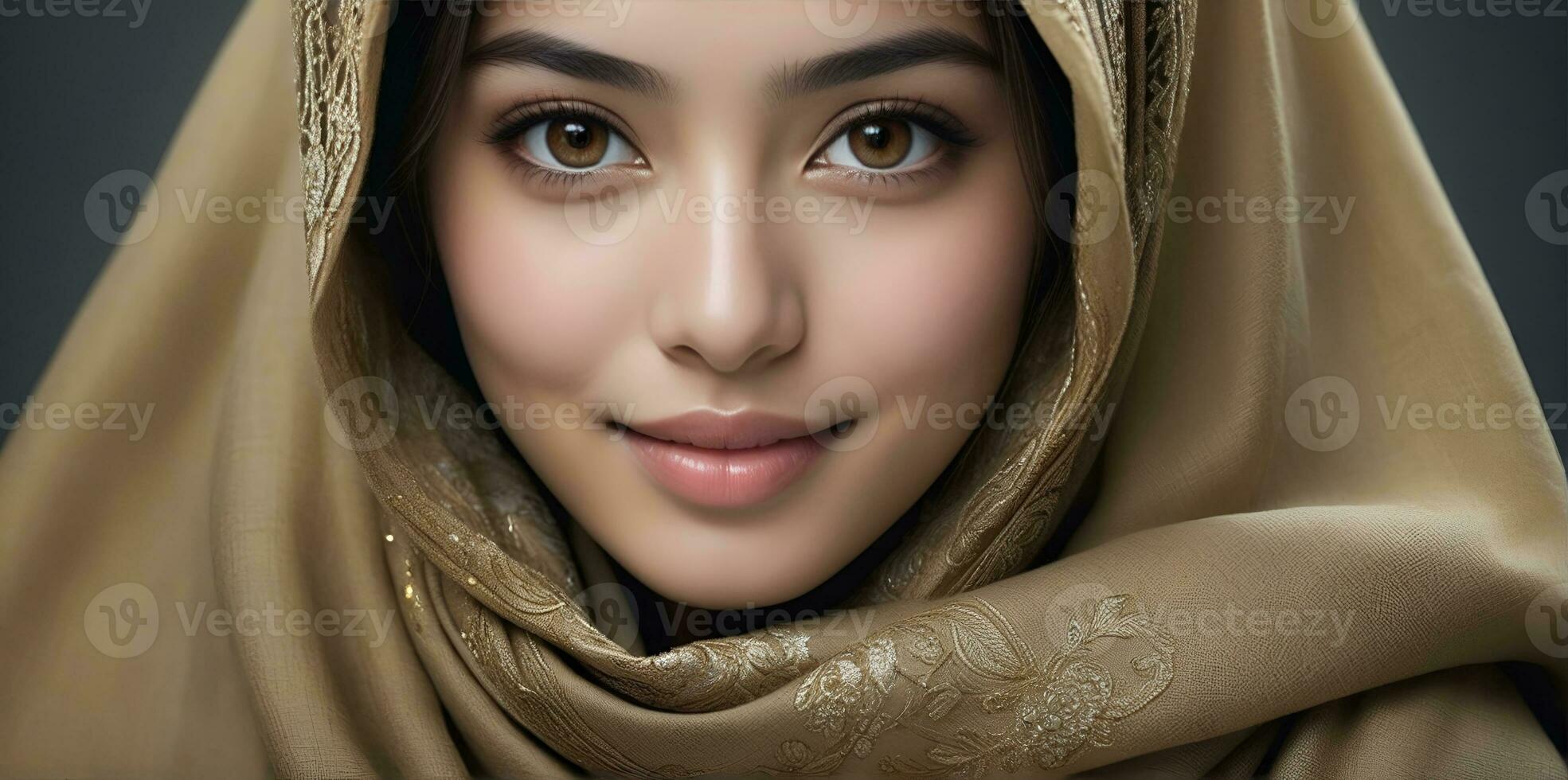 ai generato bellissimo musulmano donna sorridente e ridendo indossare un' hijab e decorato scialle foto