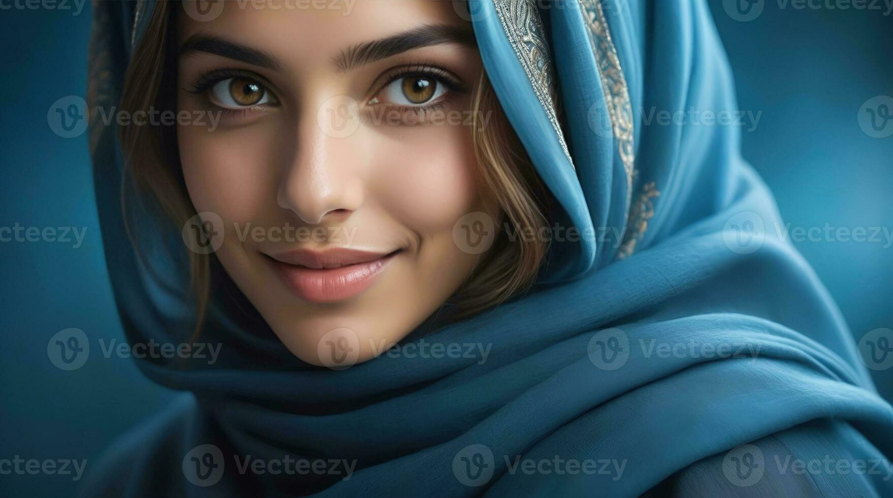 ai generato bellissimo musulmano donna sorridente e ridendo indossare un' hijab e decorato scialle foto