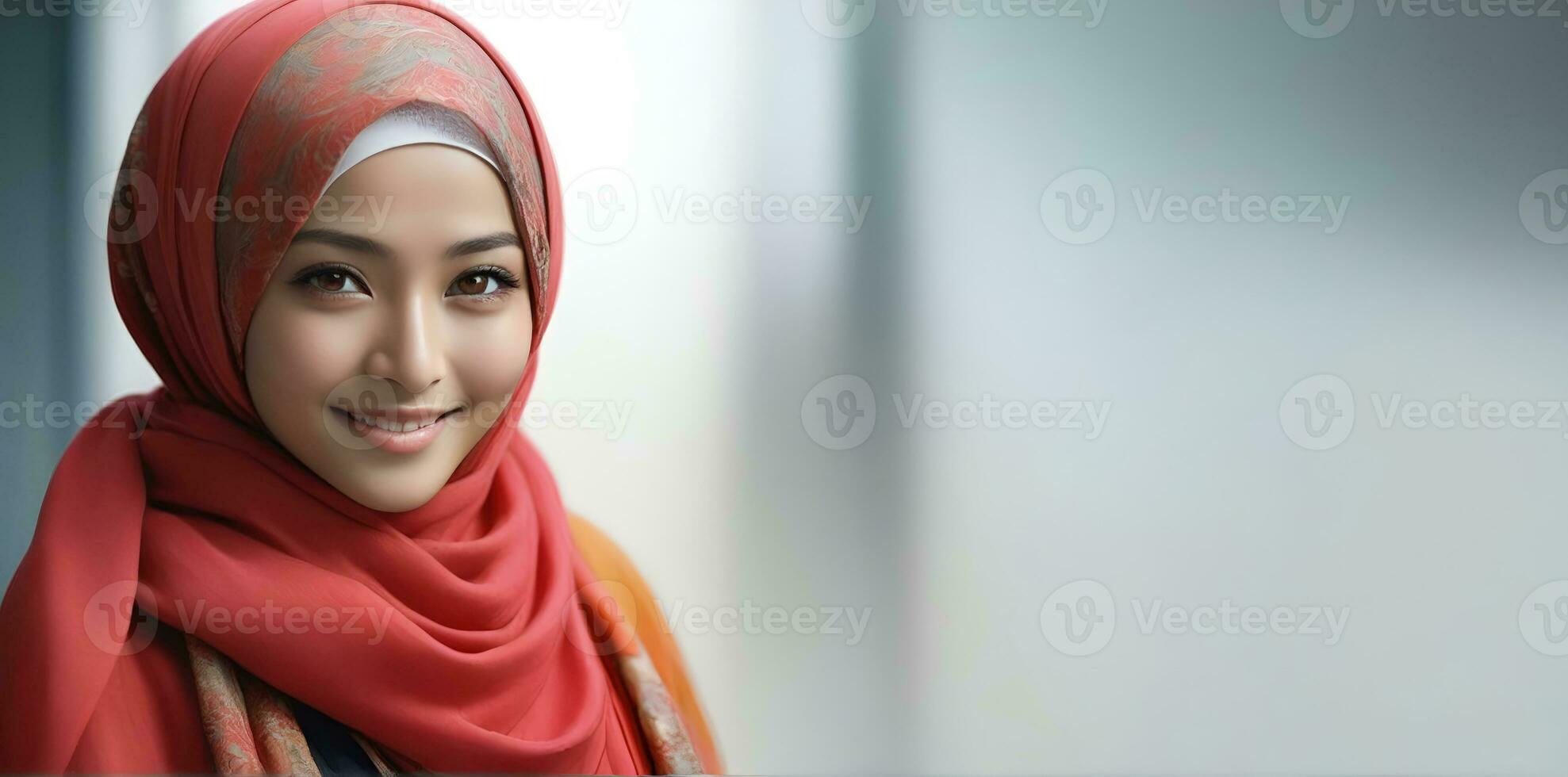 ai generato bellissimo musulmano donna sorridente e ridendo indossare un' hijab e decorato scialle foto