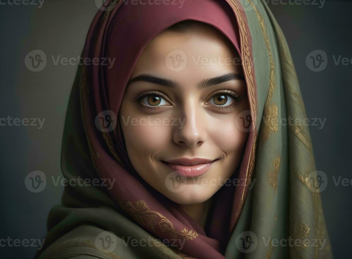 ai generato bellissimo musulmano donna sorridente e ridendo indossare un' hijab e decorato scialle foto