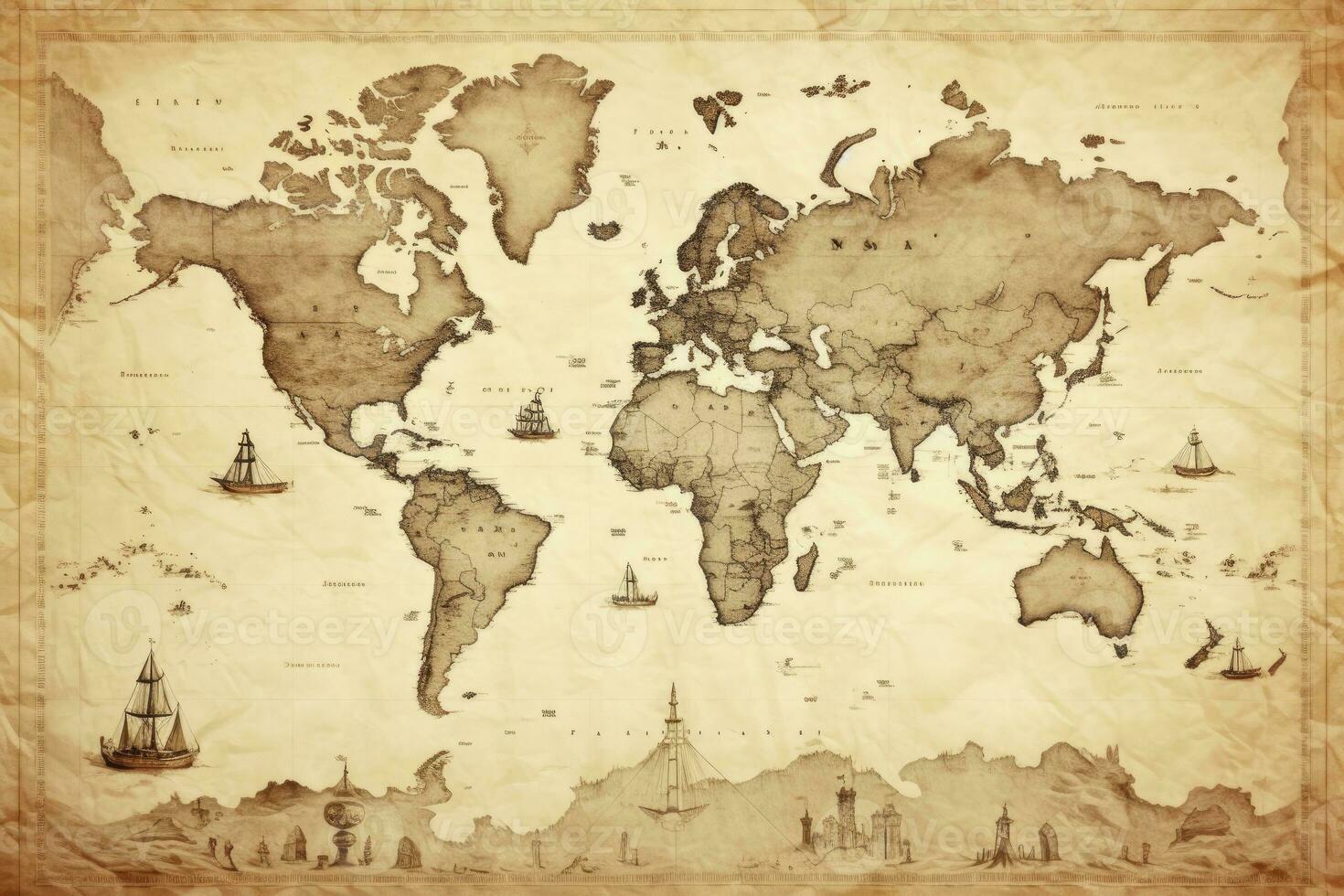 ai generato grande dettagliato illustrazione di il mondo carta geografica nel Vintage ▾ stile. ai generato foto