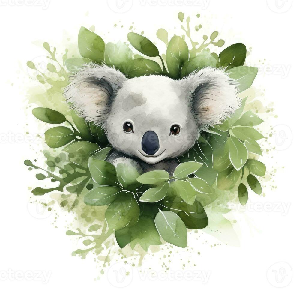 ai generato contento carino koala nel le foglie nel il acquerello stile su il bianca sfondo. ai generato foto