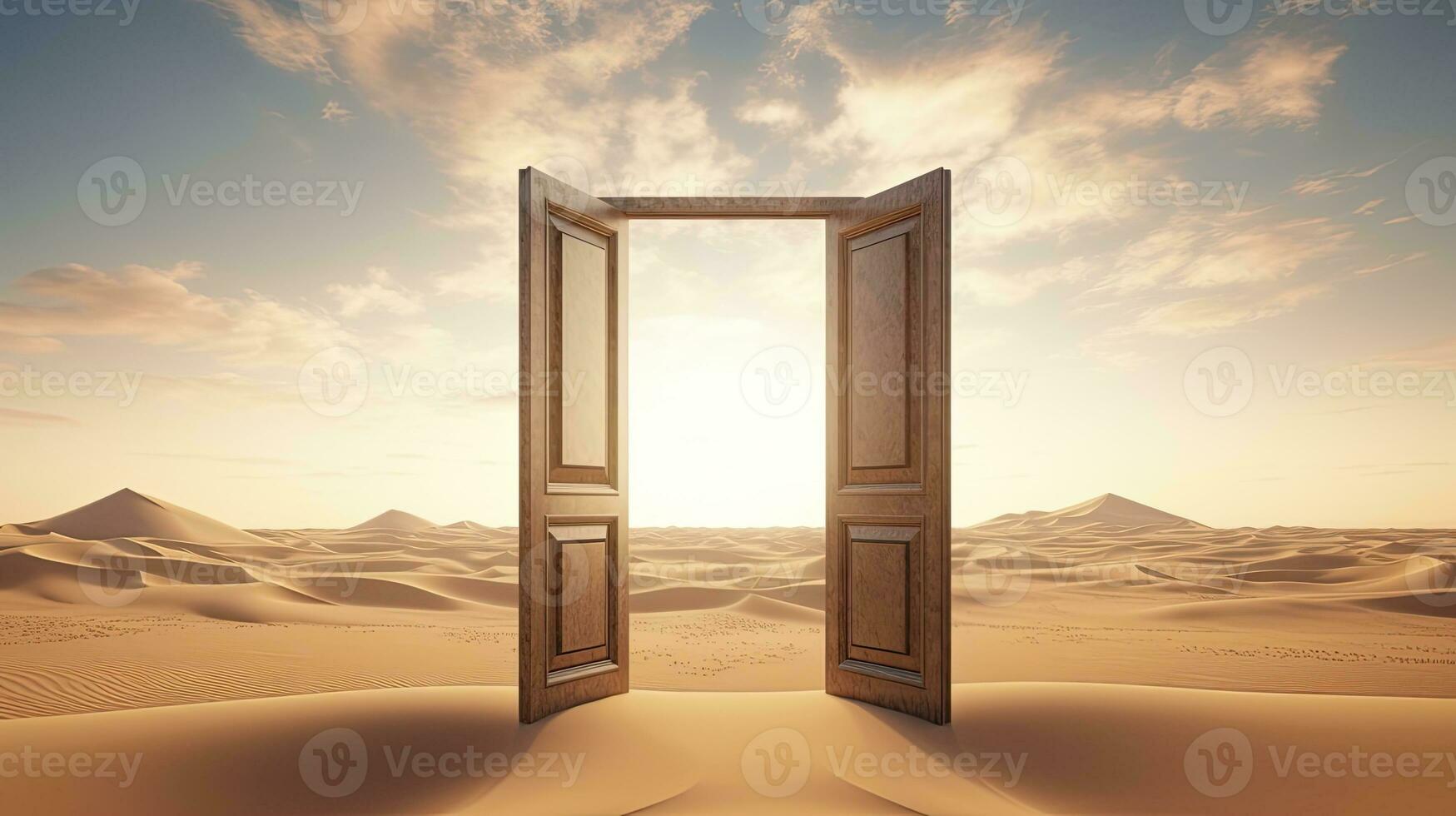 ai generato il ha aperto porta su il deserto. sconosciuto e inizio su concetto. ai generato. foto